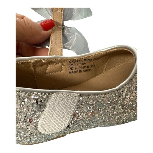 Kiderence Toddler Little Girl Glitter Ballet Flat~Sz 6M~Silver Bow Sticky Close - Picture 8 of 11